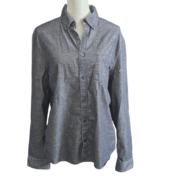 Express Women's L Gray Button-Up Shirt Long Sleeve Buttoned Collar Chest Pocket - Picture 1 of 16